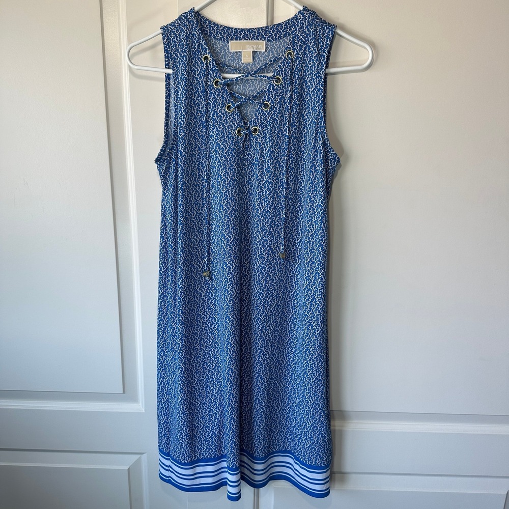Michael by Michael Kors Grecian Blue Cross V-Neck‎ Tie Knee Length Dress Small
